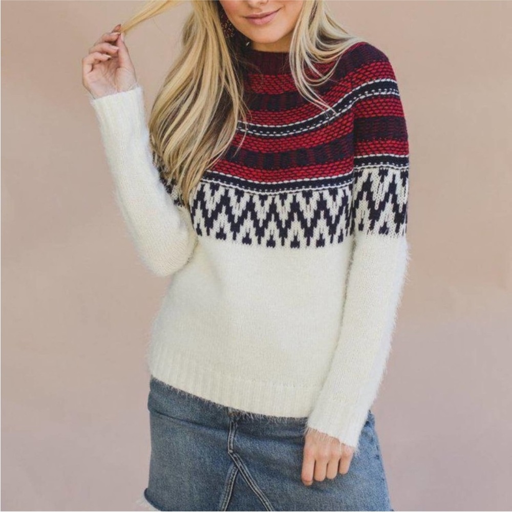 BB Dakota Nordstrom Play Fairisle Neckline Sweater Pullover red Ivory Small S